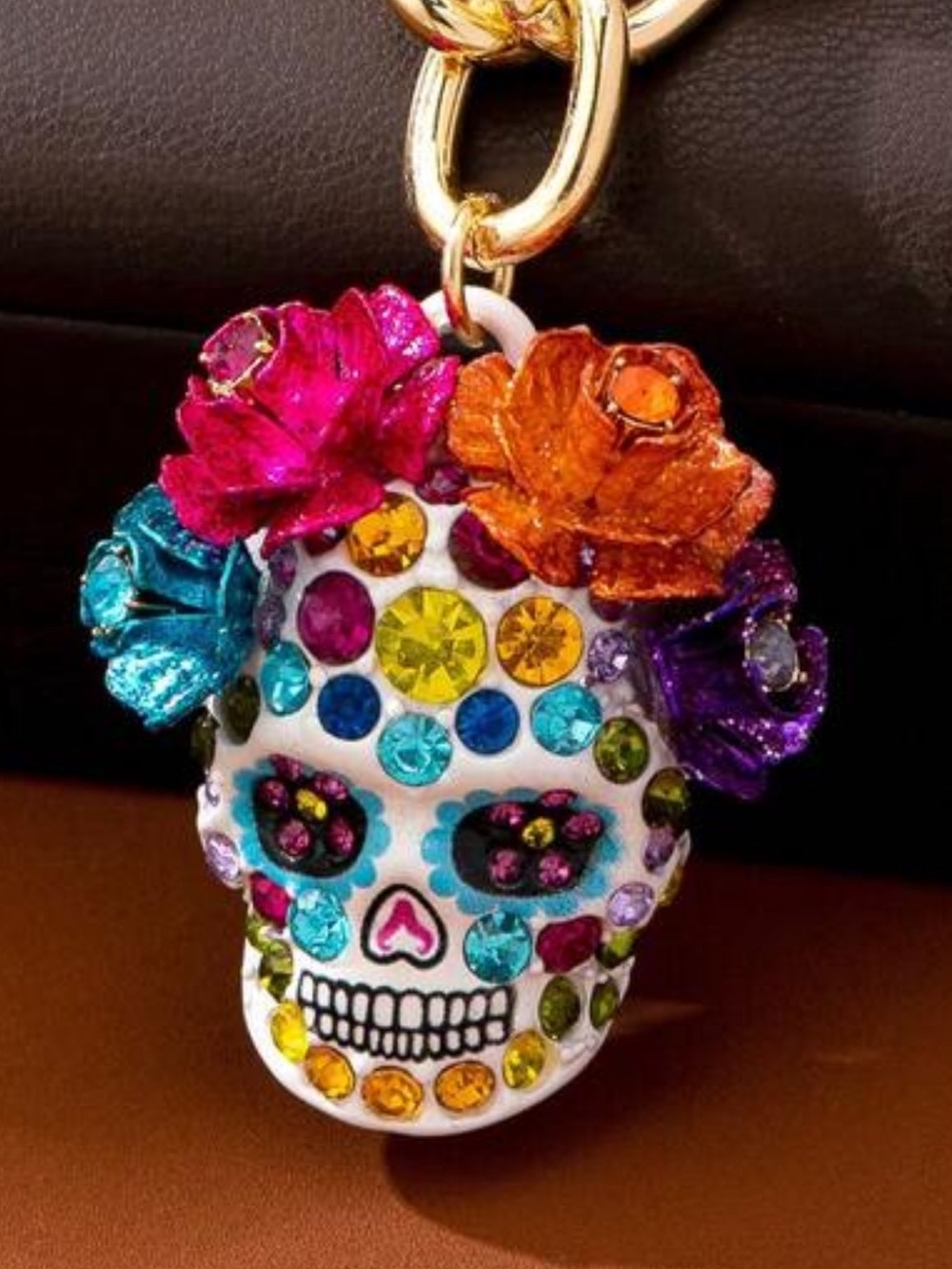 Gold Chain Necklace with Multicolor Skull Pendant nwt adjustable - Picture 2 of 6